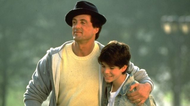 Actor Sylvester Stallone w. arm around son, Sage, in scene fr. motion picture Rocky V.. (Photo by John Bryson/Getty Images)
