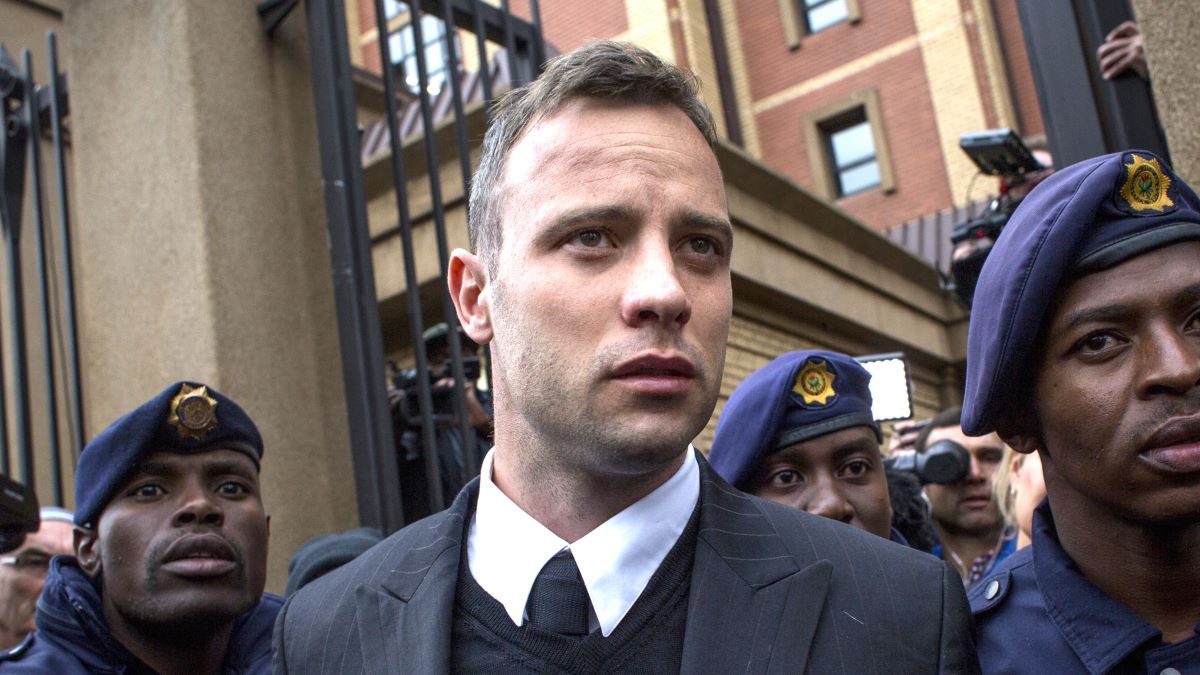 : Oscar Pistorius leaves the North Gauteng High Court on June 14, 2016 in Pretoria, South Africa. Having had his conviction upgraded to murder in December 2015, Paralympian athlete Oscar Pistorius is attending his sentencing hearing and will be returned to jail for the murder of his girlfriend, Reeva Steenkamp, on February 14th 2013. The hearing is expected to last five days. (Photo by Charlie Shoemaker/Getty Images)