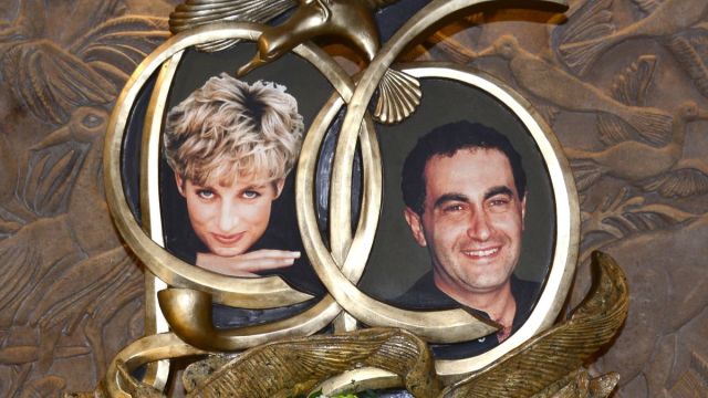 A memorial to Princess Diana and Dodi Fayed is an attraction at Harrods department store in London, England. The memorial was installed in 2005 by Fayed's father, Mohamed Al-Fayed, who owned the luxury department store at the time. Diana, Princess of Wales and her boyfriend, Dodi Fayd, died in a 1997 car crash in Paris. The memorial includes a wine glass and ring encased in a glass pyramid. The engagement ring was purchsed by Dodi Fayed the day before the two died. The wine glass is from their last night together. The memorial also includes a lifesize bronze statue of Diana and Dodi dancing on the beach beneath the wings of an albatross. (Photo by Robert Alexander/Getty Images)