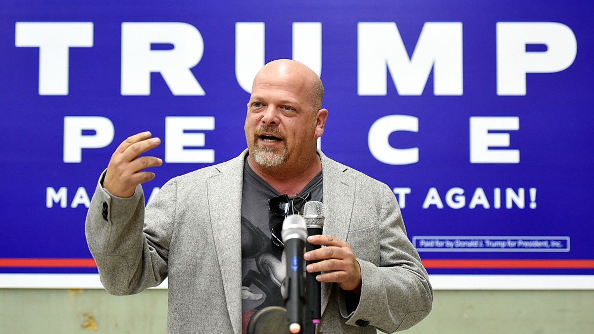 Television personality Rick Harrison from History's "Pawn Stars" television series speaks at a get-out-the-vote rally for Republican presidential nominee Donald Trump at Ahern Manufacturing on November 3, 2016 in Las Vegas, Nevada. Trump Jr. urged people to vote for his father during early voting, which ends on November 4 in the battleground state, and on Election Day November 8.