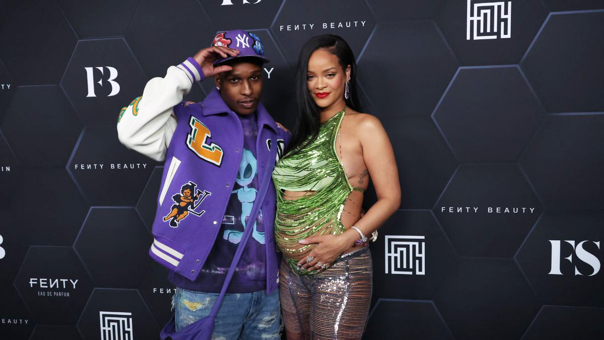 LOS ANGELES, CALIFORNIA - FEBRUARY 11: ASAP Rocky and Rihanna pose for a picture as they celebrate her beauty brands Fenty Beauty and Fenty Skinat Goya Studios on February 11, 2022 in Los Angeles, California. (Photo by Mike Coppola/Getty Images)