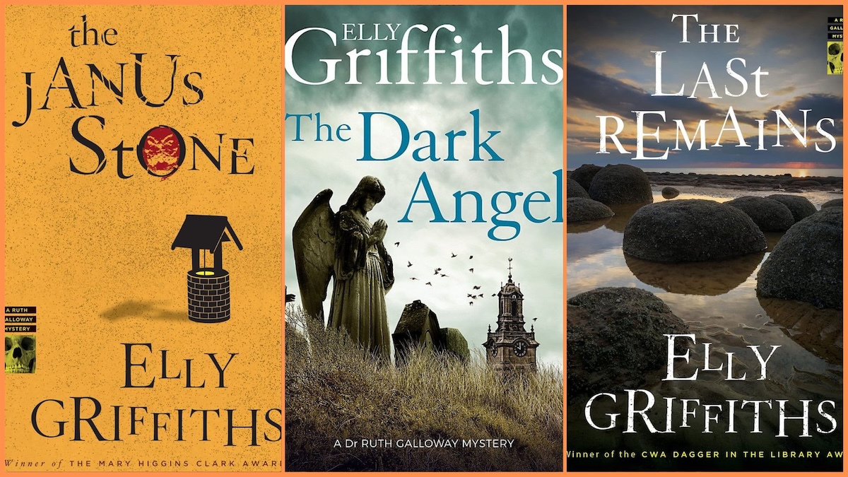 Image collage of the cover for Elly Griffiths' murder mystery books 'The Janus Stone', 'The Dark Angel, and the cover for 'The Last Remains'