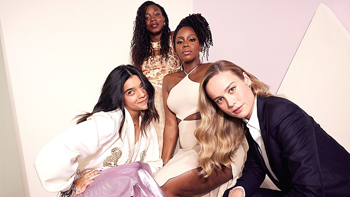 ANAHEIM, CALIFORNIA - SEPTEMBER 10: (L-R) Iman Vellani, Nia DaCosta, Teyonah Parris, and Brie Larson pose at the IMDb Official Portrait Studio during D23 2022 at Anaheim Convention Center on September 10, 2022 in Anaheim, California.