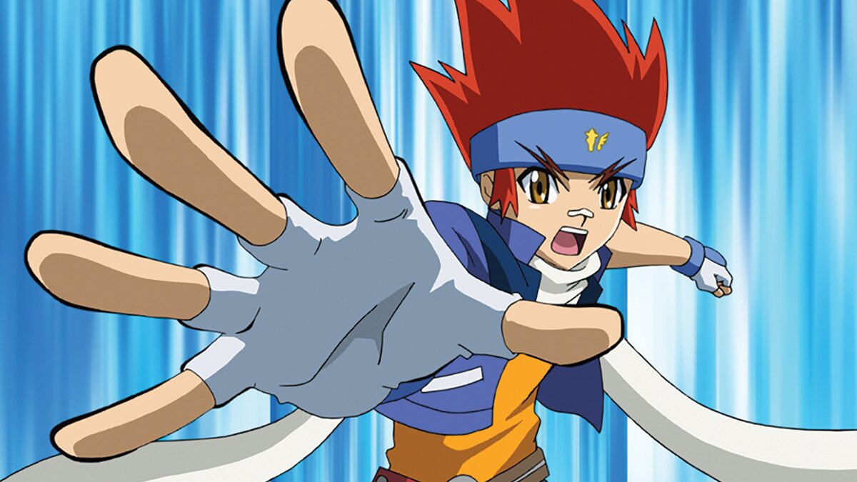 Ginga Hagane with his had extended foward in 'Beyblade: Metal Fusion'.