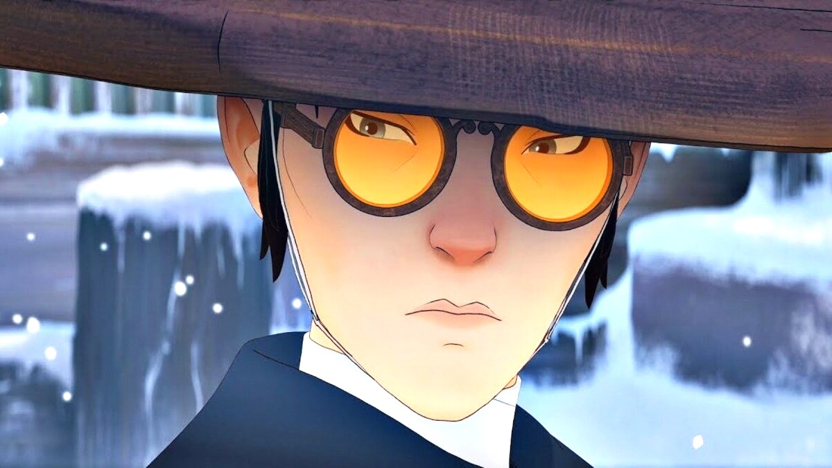 Mizu with a hat and glasses on in season 1 of 'Blue Eye Samurai'.