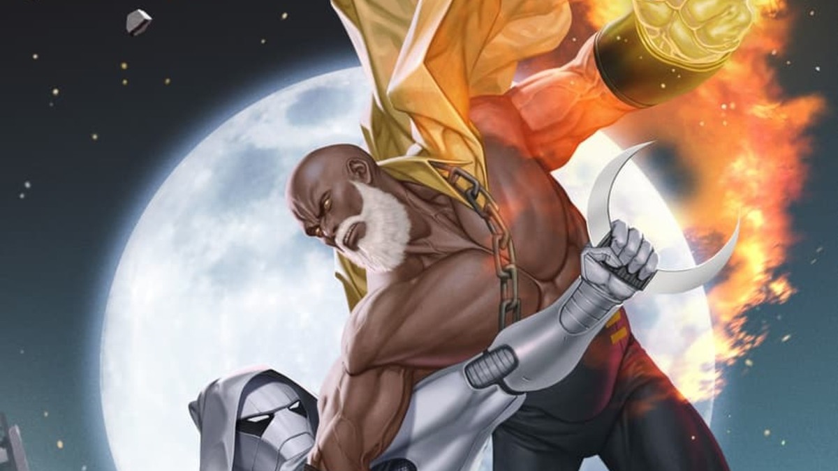 Old Man Luke Cage battles Immortal Moon Knight with a glowing fist on the cropped cover of Timeless #1 from Marvel Comics.