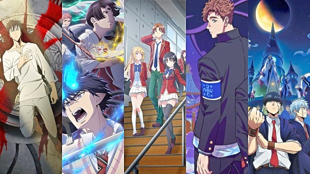 Stills from Solo Leveling, Blue Exorcist, Classroom of the Elite, Bucchigiri?!, and Mashle Magic and Muscles