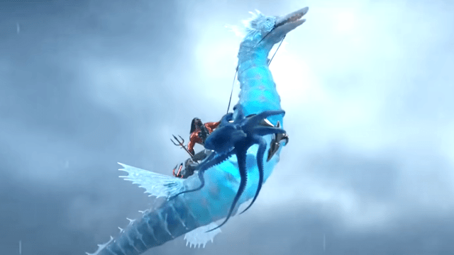 Aquaman riding a giant seahorse in 'Aquaman and the Lost Kingdom.'