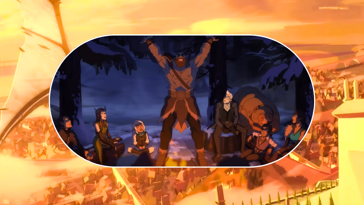 Vox Machina at a campfire and dragon flying over the city