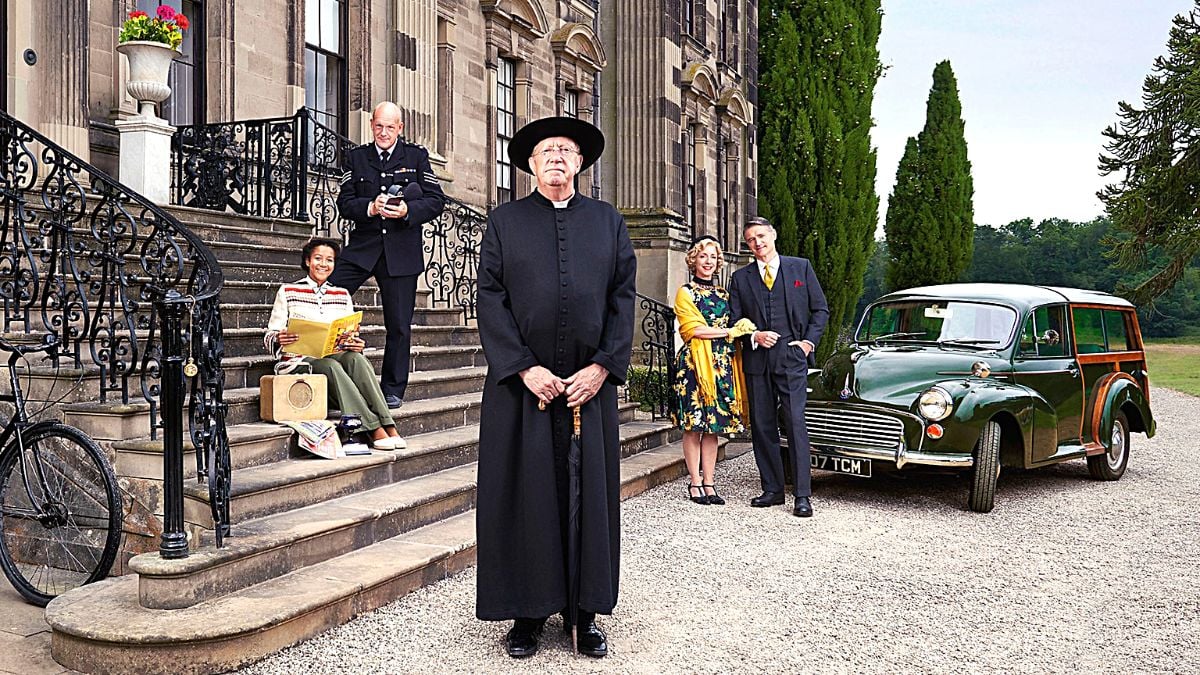 Claudie Blakley as Mrs. Devine, Mark Williams as Father Brown, Ruby-May Martinwood as Brenda Palmer, Tom Chambers as Inspector Sullivan and John Burton as Sergeant Goodfellow in 'Father Brown' Season 11 