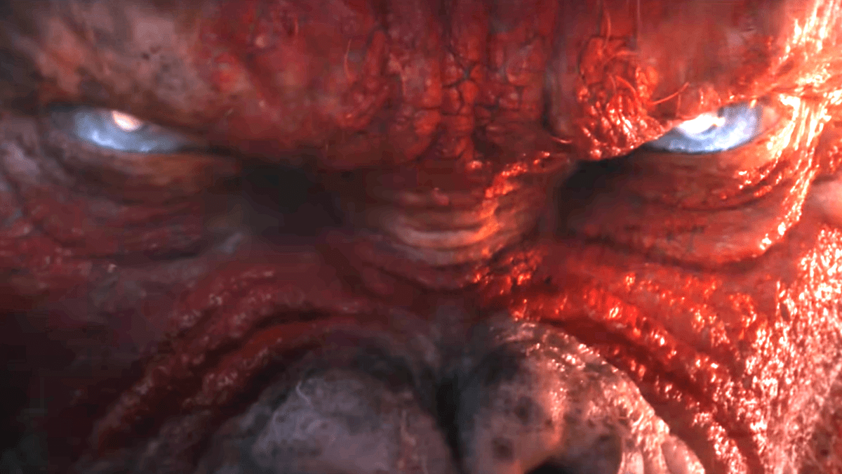 Closeup of Skar King's glowing blue eyes from 'Godzilla x Kong'