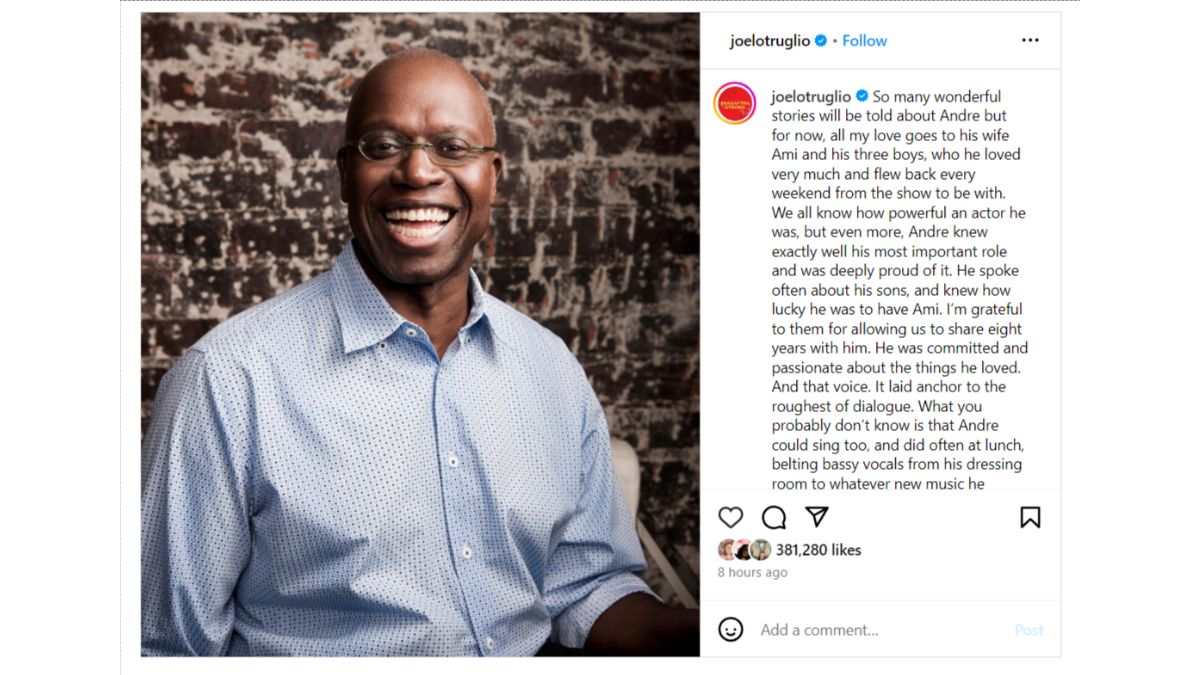 Screencap of a tribute to Andre Braugher from Joe Lo Truglio's public Instagram page.