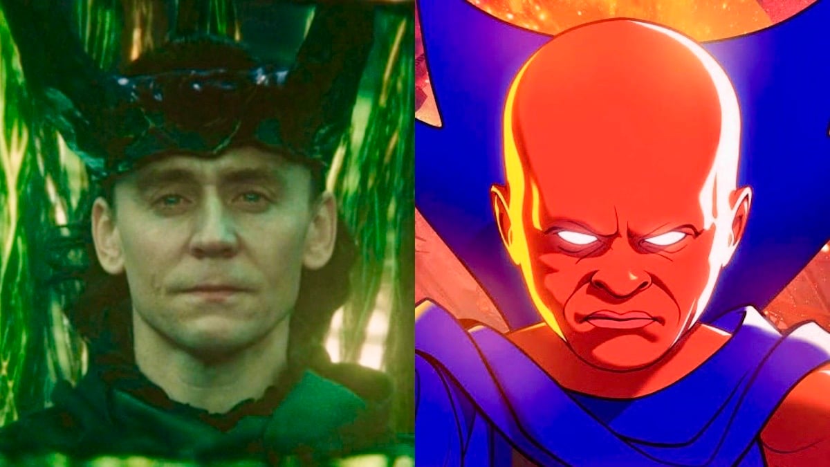 A split image of MCU characters Loki in season 2 of ‘Loki’ and Uatu the Watcher in the animated series ‘What If…?’