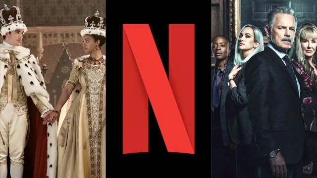 A split image of ‘Queen Charlotte: A Bridgerton Story,’ the Netflix Logo, and ‘The Fall of the House of Usher’