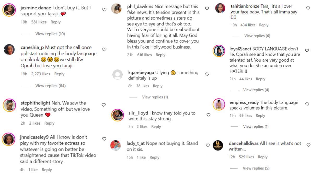 Screencaps from Taraji P Henson's Instagram comments.