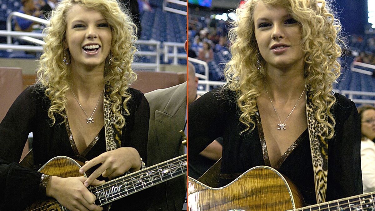 Taylor Swift sings the National Anthem as the Detroit Lions host the Miami Dolphins in a Thanksgiving Day game Nov. 23, 2006 in Detroit.