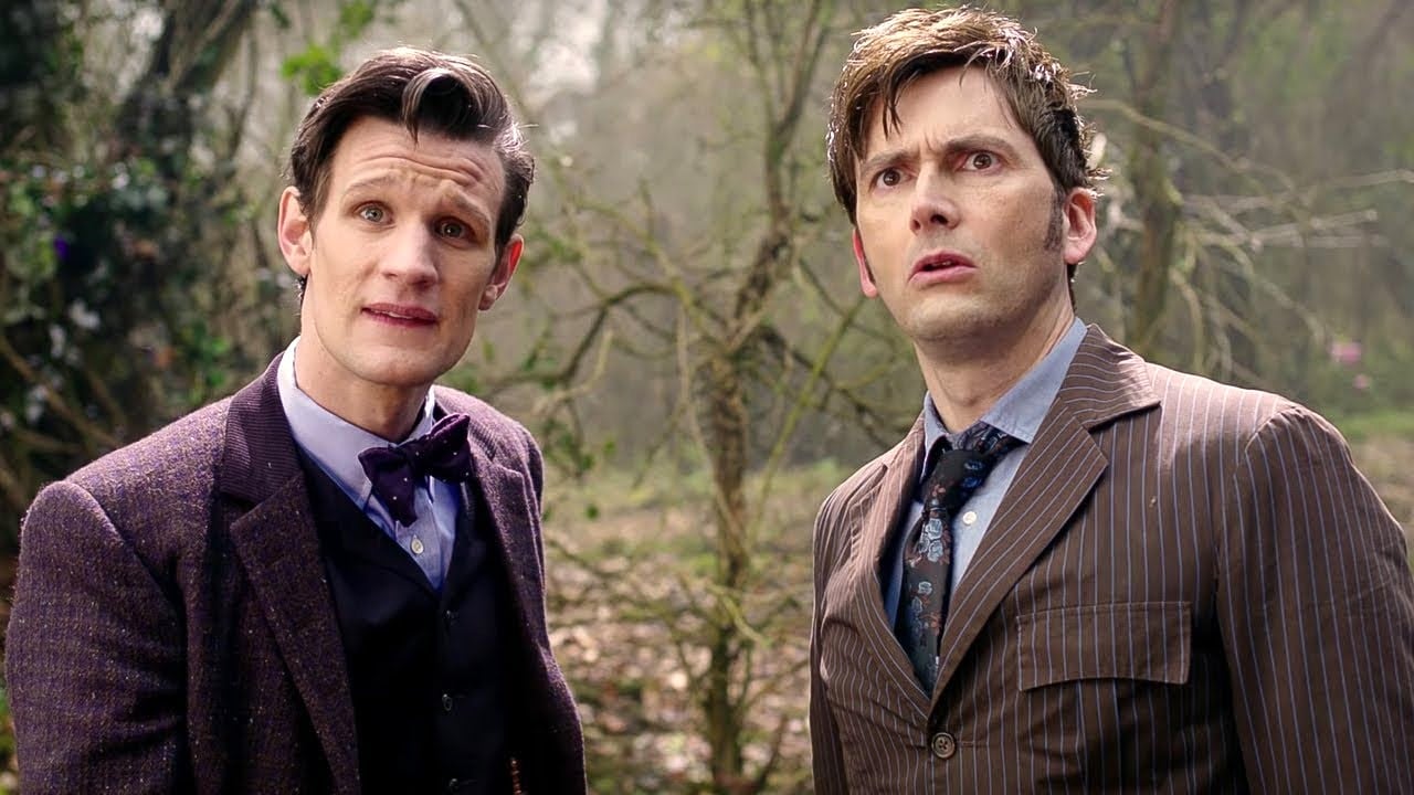 The Eleventh (Matt Smith) and Tenth (David Tennant) Doctors unite in a woodland area in 50th anniversary Doctor Who special, The Day of the Doctor. 