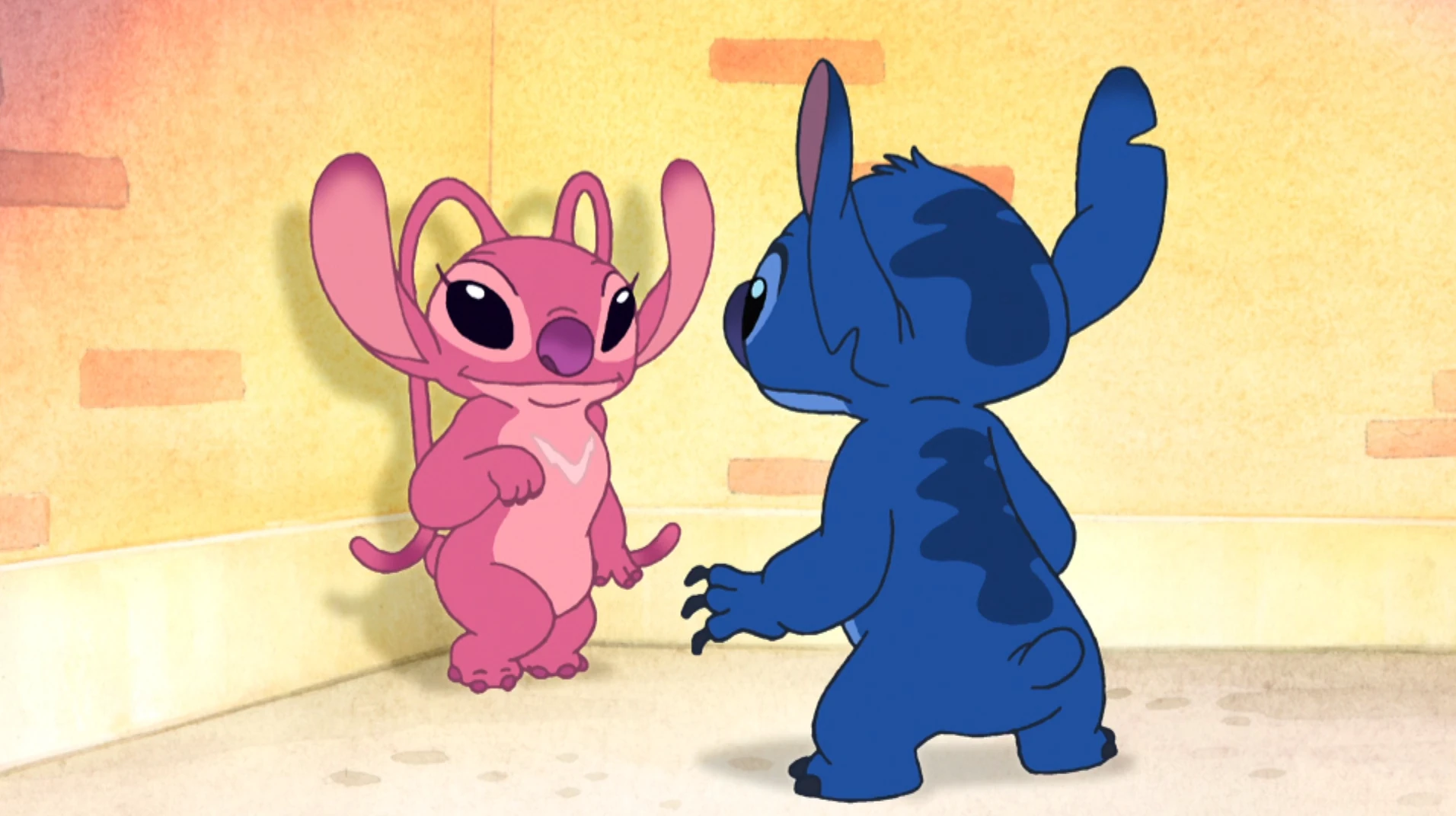 Stitch and Angel are looking at each other in the Stitch! Anime. 