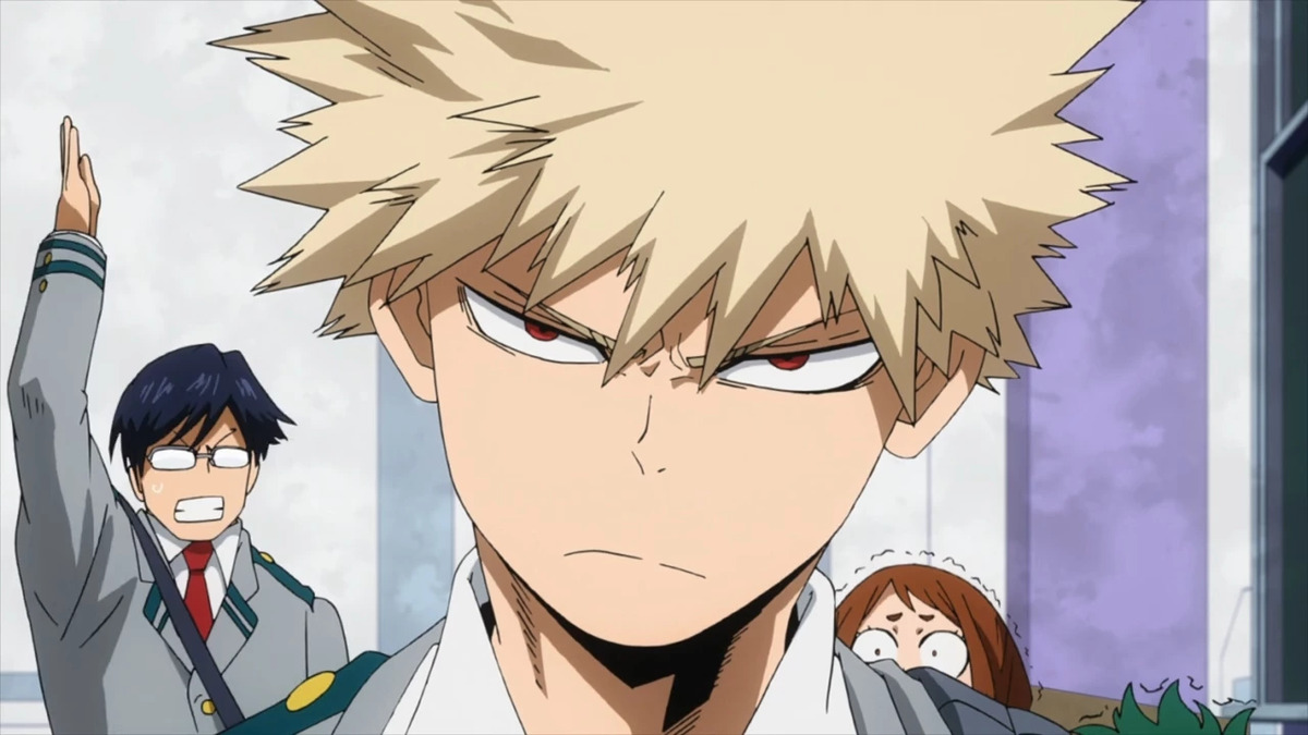 Katsuki Bakugo looking upset in season 1 of My Hero Academia.