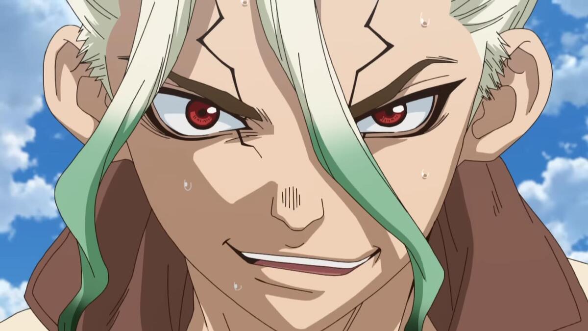 Senku Ishigami looking ahead and smiling in the 'Dr. Stone' anime.