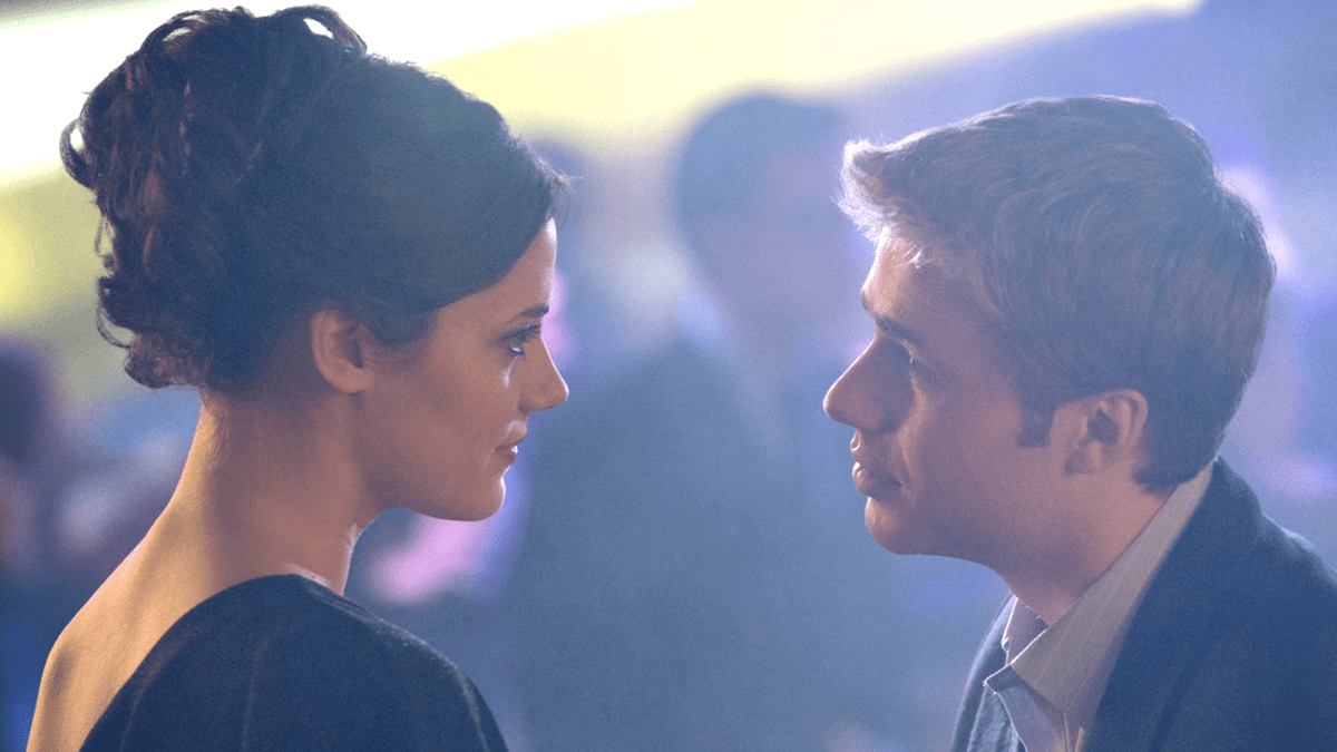 Kate Middleton (Meg Bellamy) and Prince William (Luther Ford) stare at each other in 'The Crown' season 6 part 2