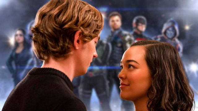 Austin Abrams and Midori Francis in Dash & Lily superimposed over the Thunderbolts team roster teaser image.