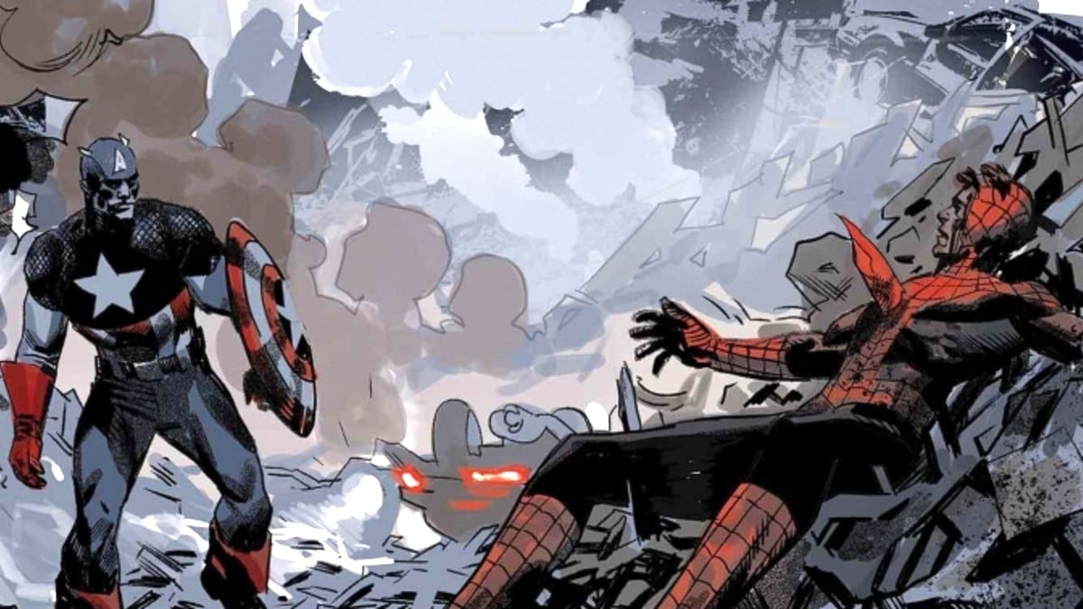 Captain America finds a dying Spider-Man impaled by a spike amid rubble in a panel from Avengers Twilight #2