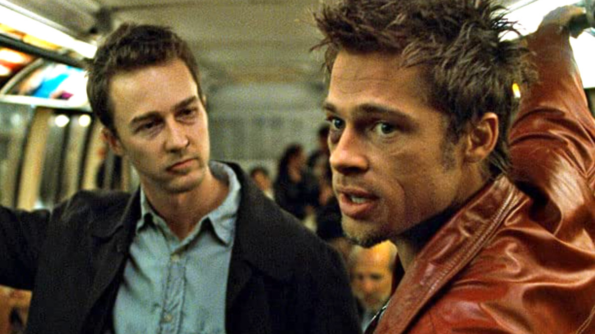 Edward Norton and Brad Pitt take the bus in Fight Club