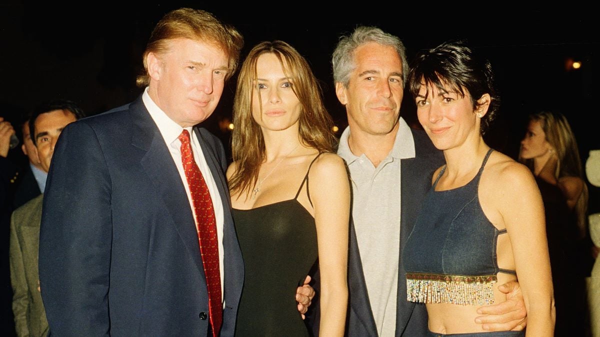 From left, American real estate developer Donald Trump and his girlfriend (and future wife), former model Melania Knauss, financier (and future convicted sex offender) Jeffrey Epstein, and British socialite Ghislaine Maxwell pose together at the Mar-a-Lago club, Palm Beach, Florida, February 12, 2000. (Photo by Davidoff Studios/Getty Images)