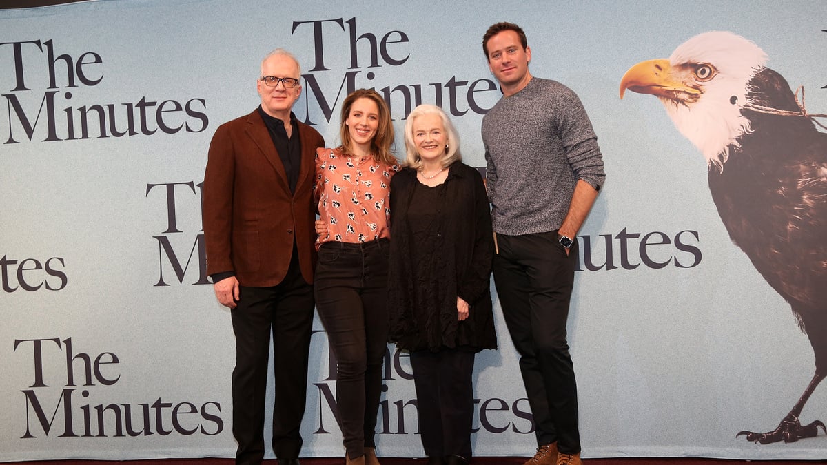 Tracy Letts, Jessie Mueller, Blair Brown and Armie Hammer pose at a press day/photo call for the new Tracy Letts Play "The Minutes" on Broadway at The Cort Theatre on February 20, 2020 in New York City. 