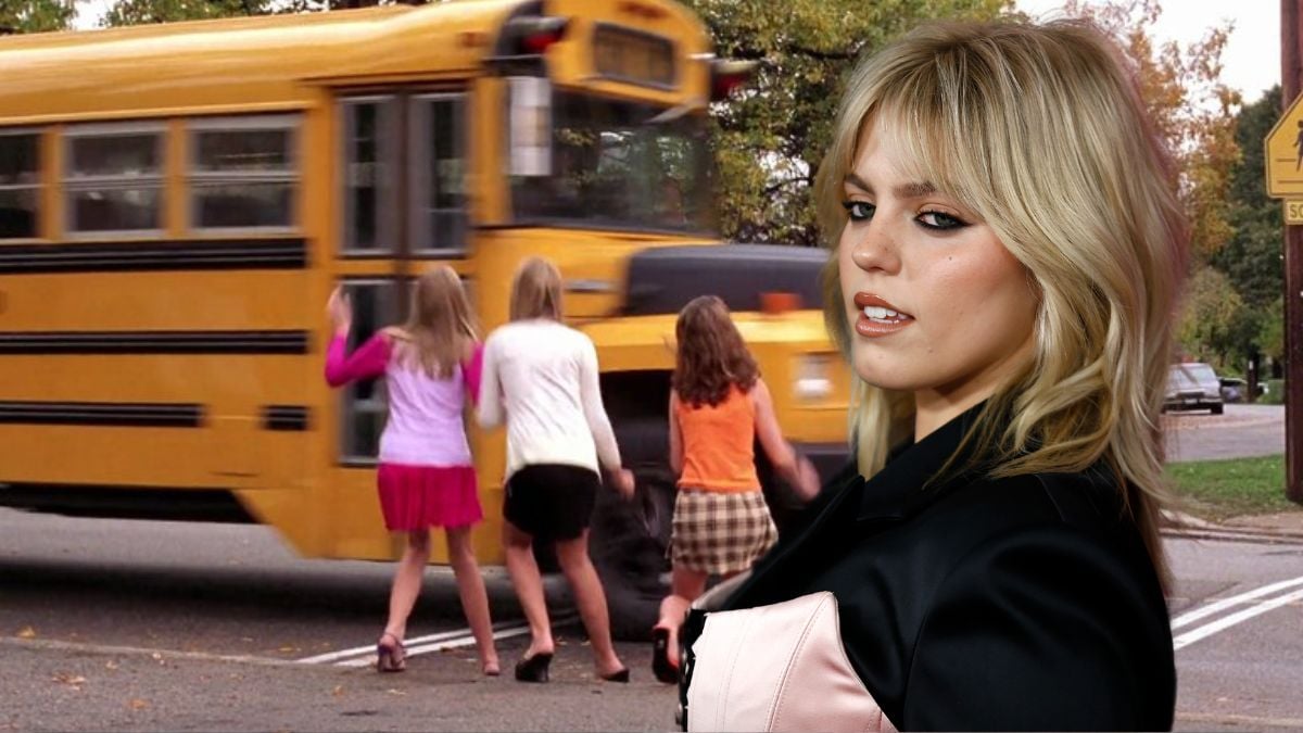 Renee Rapp attends the "Mean Girls" New York premiere at AMC Lincoln Square Theater on January 08, 2024/a screenshot of the infamous bus from 2004's Mean Girls.