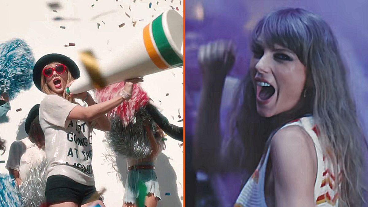 Photo montage of screencaps from Taylor Swift music videos, "22," and "Lavender Haze."