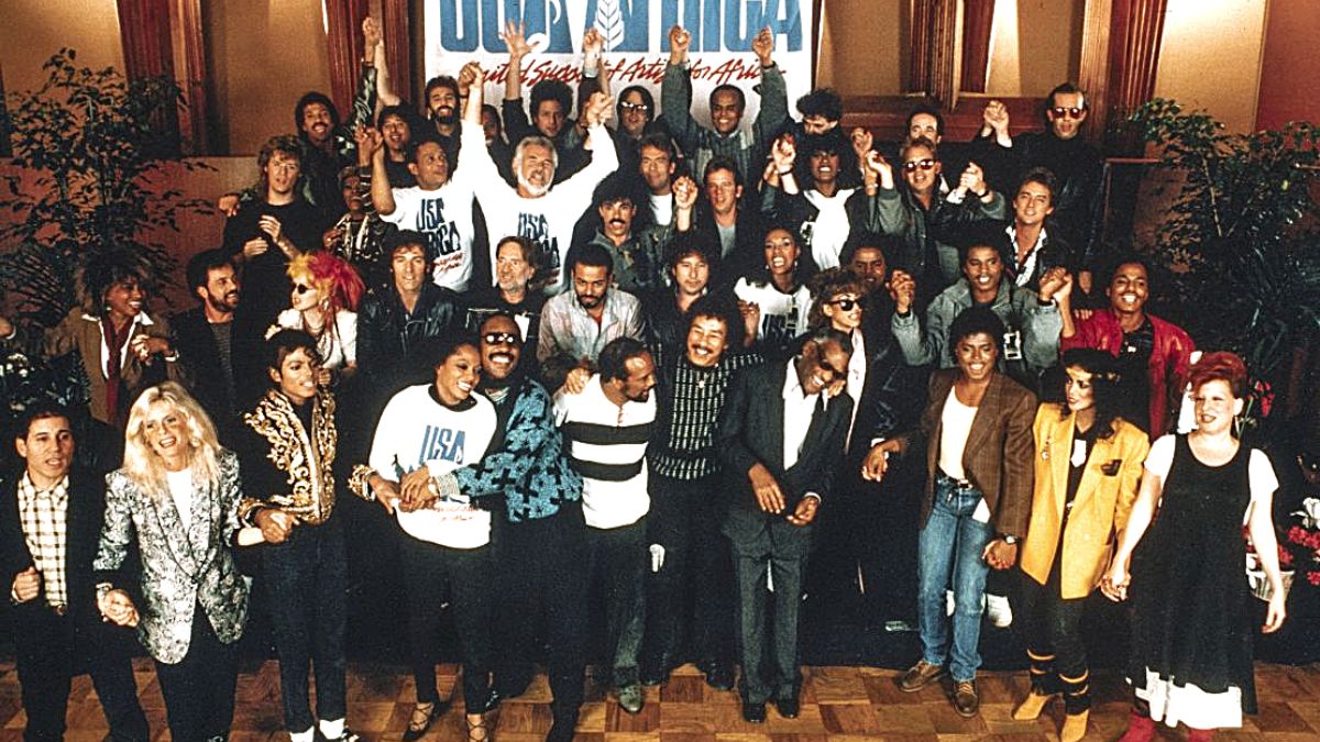 The illustrious members of U.S.A. for Africa during the recording of "We Are The World" in 1985.