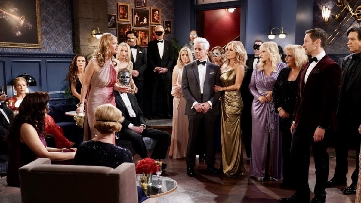 Michelle Stafford’ character Phyllis Summers, and other cast members present in a scene from the bicentennial gala episode of “The Young and the Restless” 50th Anniversary