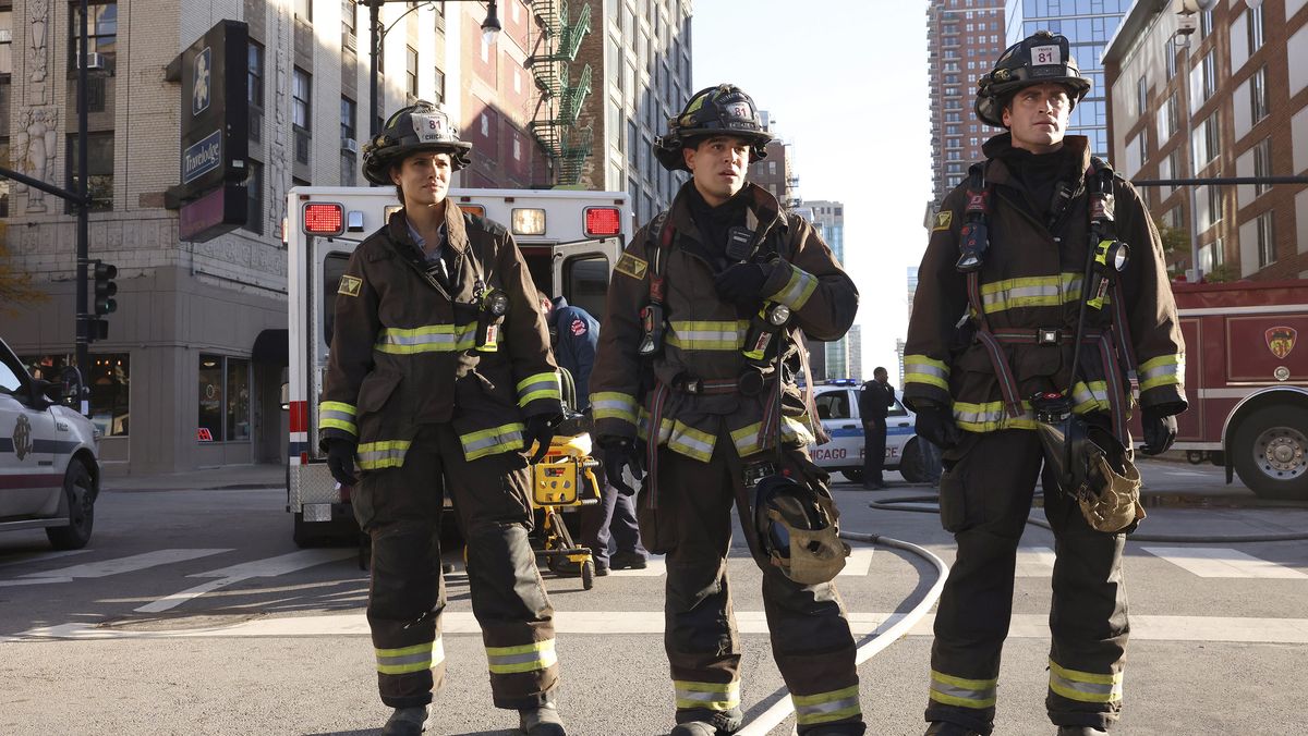 Miranda Rae Mayo, Alberto Rosende, and Jake Lockett in Chicago Fire season 11