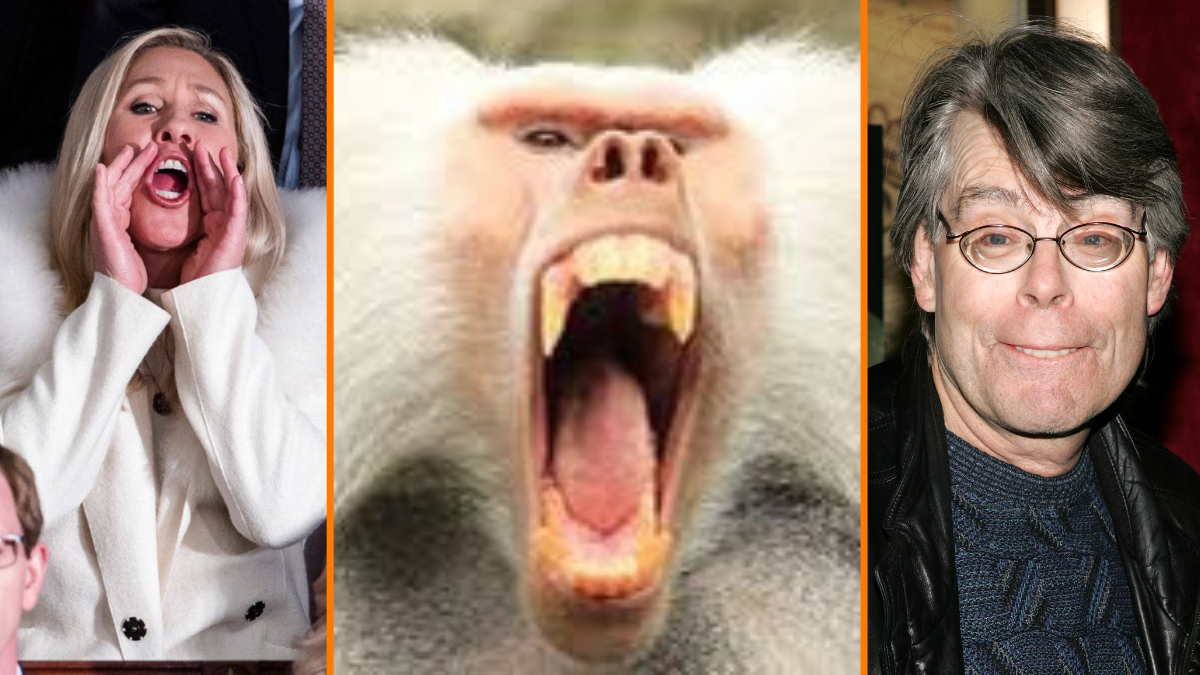 Marjorie Taylor Greene yelling next to a shrieking baboon next to Stephen King