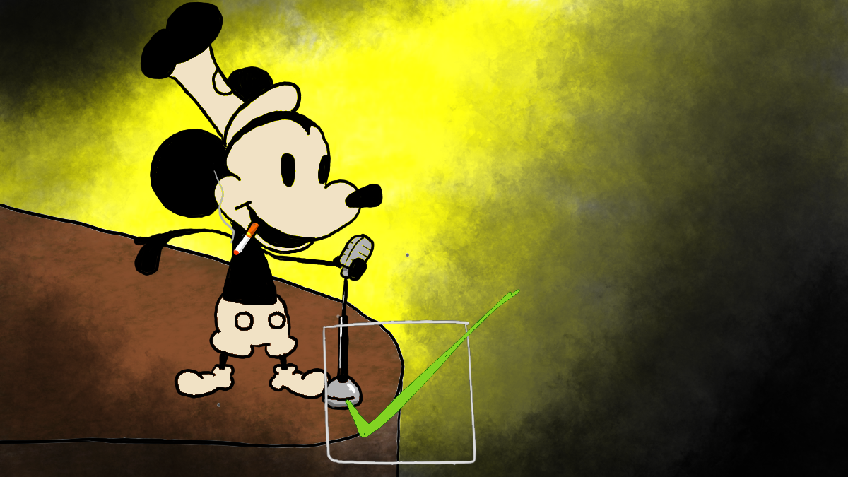 "Steamboat Willie"-era Mickey Mouse on stage at a seedy club