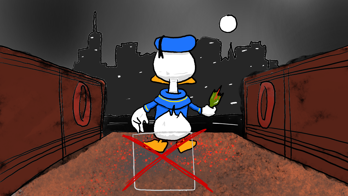 A cartoon version of Sleight of Hands Productions' yet-unnamed Mickey Mouse horror movie announcement image, with a legally indistinguishable duck in a sailor's uniform instead of Mickey Mouse.