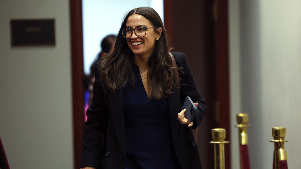 Alexandria Ocasio-Cortez (D-NY) leaves a House Democratic caucus meeting on February 14, 2024 in Washington, DC. Democrats celebrated Representative-elect Tom Suozzi's special election win to replace ousted Rep. George Santos (R-NY).