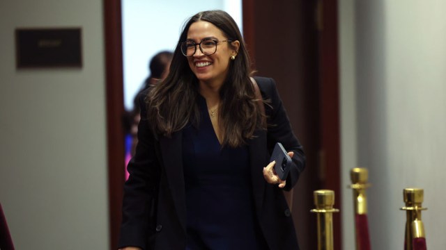 Alexandria Ocasio-Cortez (D-NY) leaves a House Democratic caucus meeting on February 14, 2024 in Washington, DC. Democrats celebrated Representative-elect Tom Suozzi's special election win to replace ousted Rep. George Santos (R-NY).