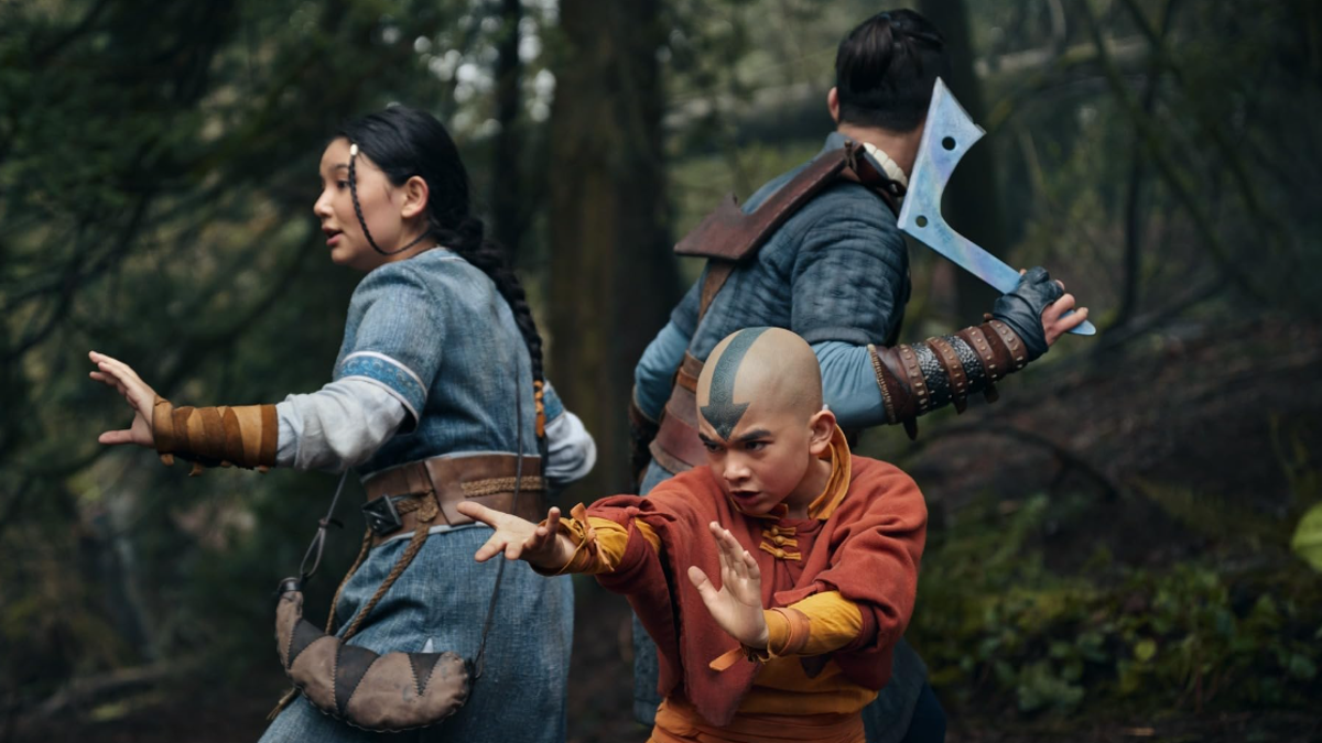 Soka (Ian Ousley), Aang (Gordon Cormier), and Katara (Kiawentiio) in Netflix's Avatar: The Last Airbender