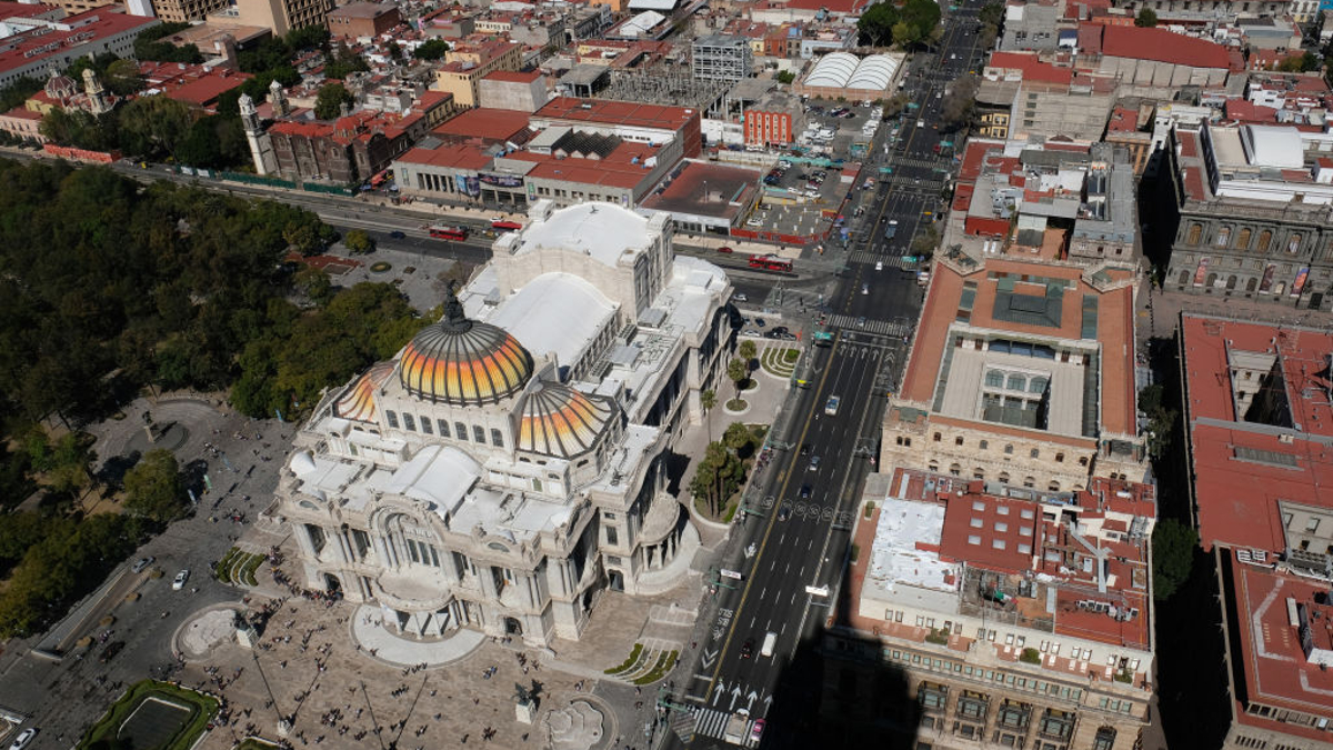 The city skyline observed from Latin American Tower or Torre Latinoamericana skyscraper in the historic city center on January 3, 2023 in Mexico City, Mexico.