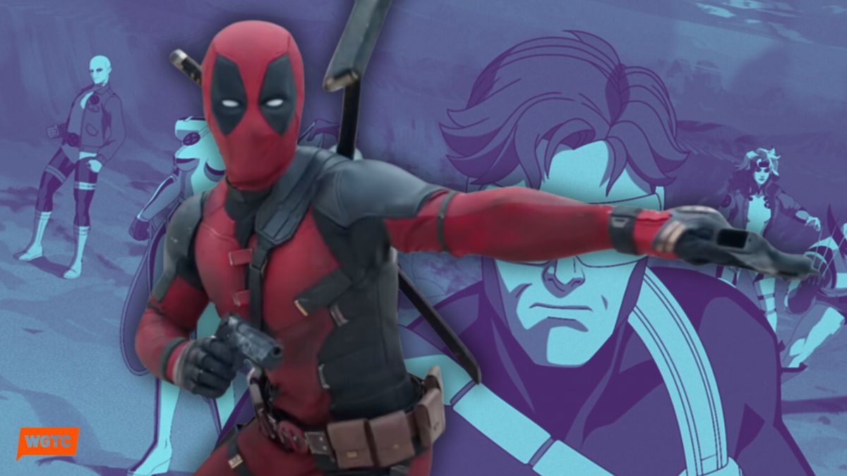 Deadpool wielding a gun in the Deadpool & Wolverine trailer superimposed over a light-blue-hued screenshot from the X-Men '97 trailer