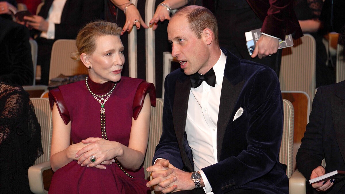 Prince William, Prince of Wales, president of Bafta speaks with Cate Blanchett during the Bafta Film Awards 2024 at the Royal Festival Hall, Southbank Centre on February 18, 2024 in London, England.