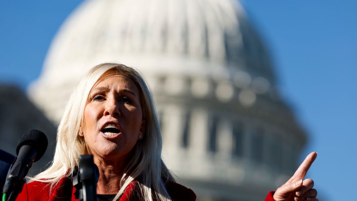 U.S. Rep. Marjorie Taylor Greene (R-GA) speaks alongside U.S. Rep. Tony Gonzales (R-TX) at a news conference on border security outside of the U.S. Capitol Building on November 14, 2023 in Washington, DC. The House Republicans spoke to reporters about the tabled impeachment motion for U.S. Homeland Security Secretary Alejandro Mayorkas and the southern border.