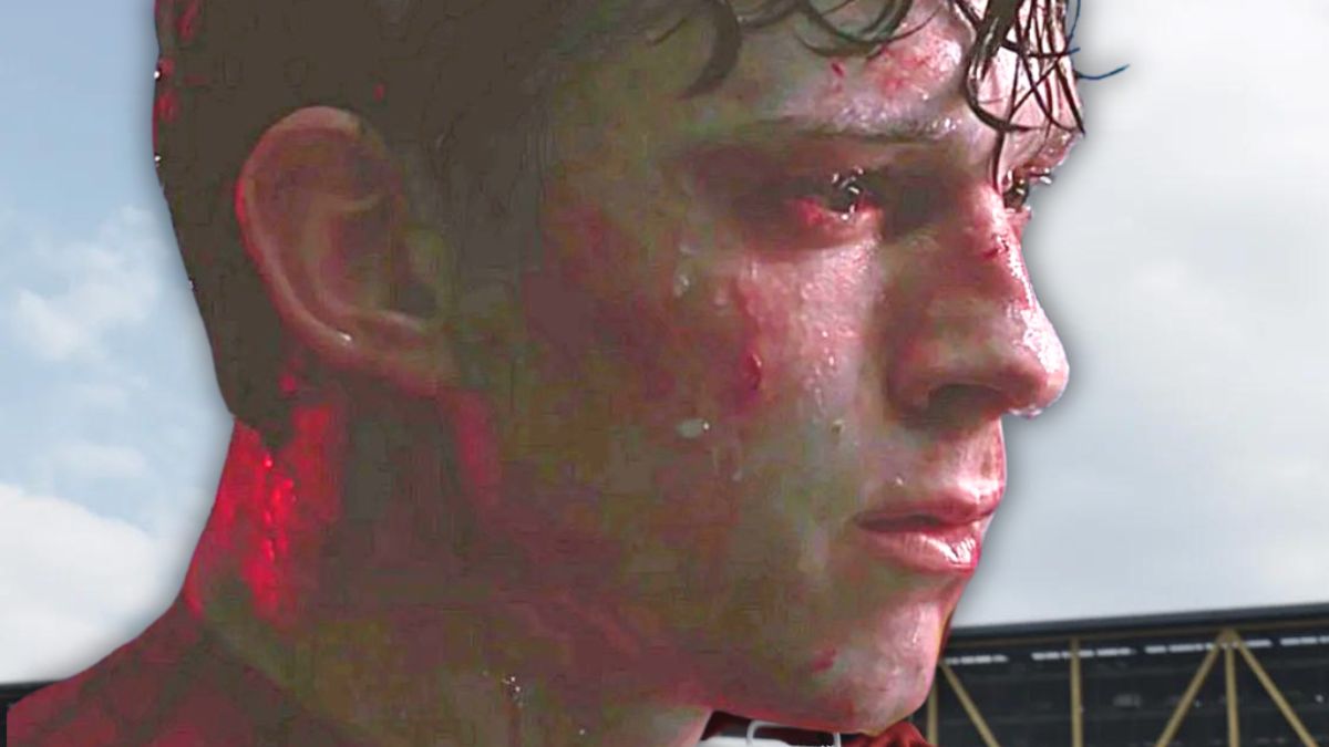 Peter Parker crying in the rain from Spider-Man: No Way Home superimposed over his introductory shot from Captain America: Civil War