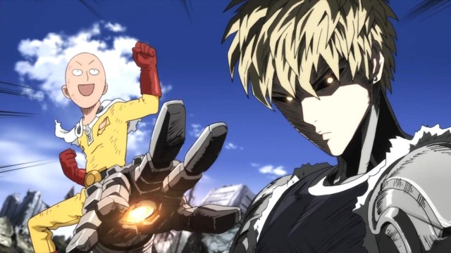 Genos looking threatening while Saitama excitedly jumps up in the backgroud in season 1, episode 12 of One Punch Man.