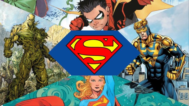 Collage of images from DC Comics, including Superman's symbol, Supergirl, Damian Wayne's Robin, Swamp Thing, and Booster Gold.