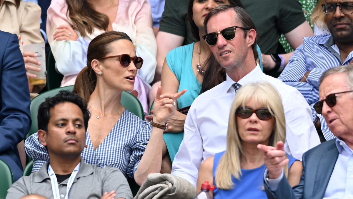 Pippa Middleton and James Matthews attend day 11 of the Wimbledon Tennis Championships at the All England Lawn Tennis and Croquet Club on July 09, 2021 in London, England.