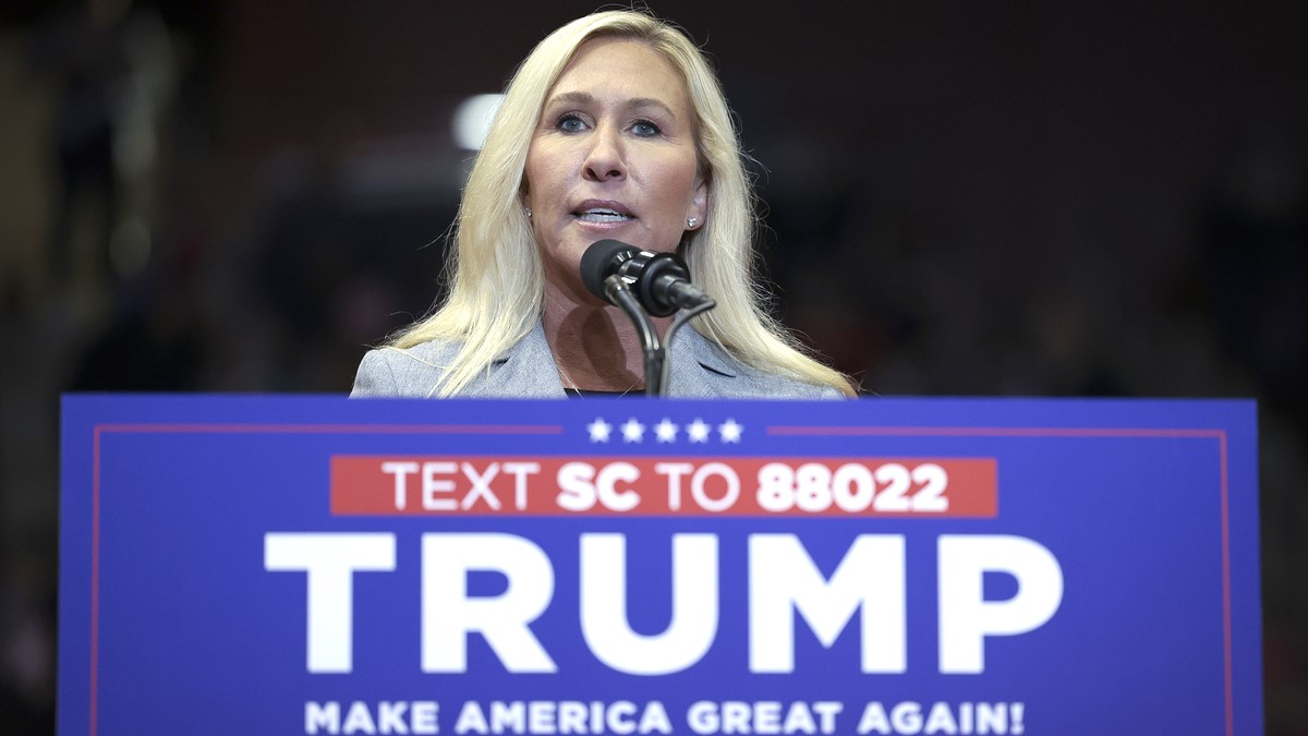 Marjorie Taylor Greene (R-GA) addresses the crowd before Republican presidential candidate and former President Donald Trump speaks at a Get Out The Vote rally at Winthrop University on February 23, 2024 in Rock Hill, South Carolina. South Carolina holds its Republican primary tomorrow.